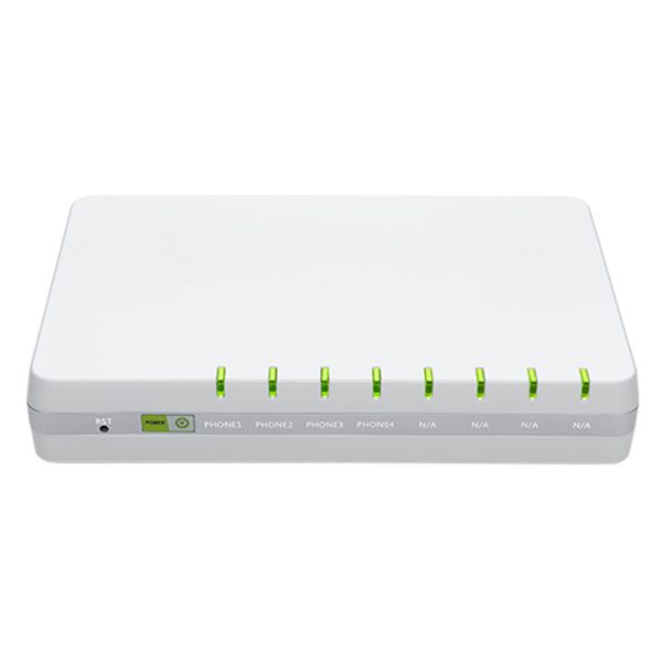 Front view. White plastic housing with 8 LEDs for signalling various operating states.