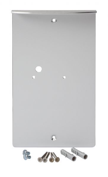 Front view. Angled mounting plate made of anodised aluminium, with screws and plugs, with holes for wall mounting and fixing the door intercom system.