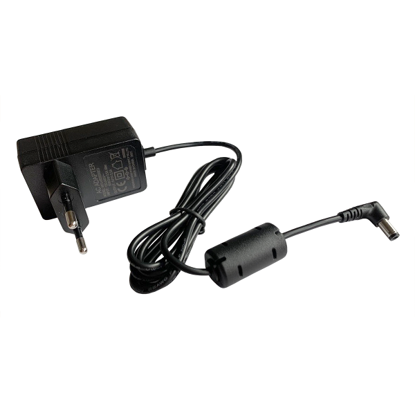Plug-in power supply unit in black plastic housing with Euro plug. Fixed connection cable on the device side.